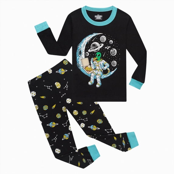 HCNTES Boys Pajamas Kids Boy Pajamas Set Toddler Fall Winter Sleepwear Astronaut Moon Graphic Long Sleeve Top + Planet Rocket Print Sleep Pants