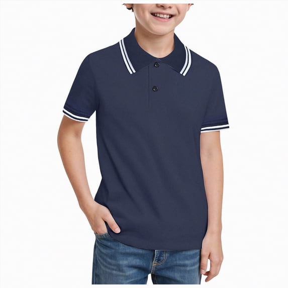HCNTES Boys School Uniform Short Sleeve Polo Shirt, Button Closure, Moisture Wicking Performance Material(Dark Blue,17-18 Years)