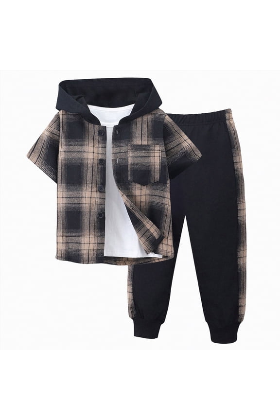 Boys Shorts Sets 2Pcs Plaid Short Sleeve Hooded Button Shirt and Jogger Shorts Summer Outfits for Kids