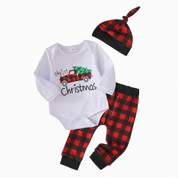 HCNTES Boys Winter Outfits My First Christmas Baby Boy Baby Boy Fall Clothes Long Sleeve Xmas Tree Car Romper Red Plaid Pants 0 6 9 12 18 24 Months Boys Autumn Fall Set