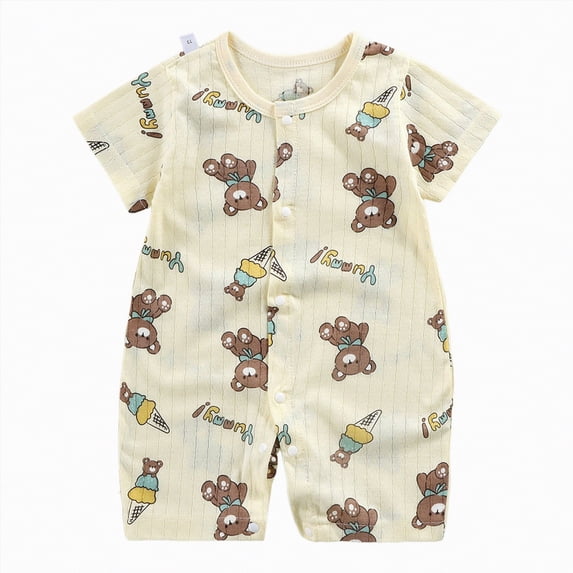 HCNTES Child Toddler Baby Boys Girls Unisex Short Sleeve One-Piece Bodysuit Infant Kids Cute Sleepwear Pajamas Homewear for Spring Summer(Beige,18-24 Months)