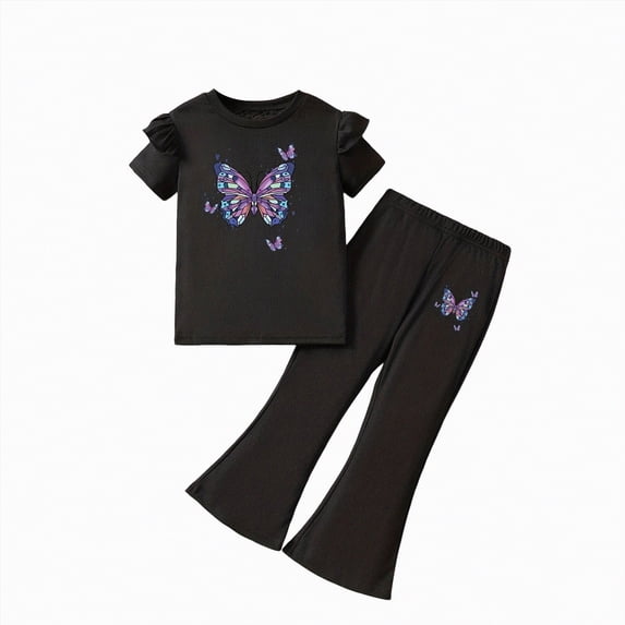 HCNTES Children Girl 2 Piece Outfit T-Shirt + Loose Pants Spring Summer Kids Girls Casual Dailywear School Clothing Set Size 3T 4T 5T 6T 7T(F02-Black,4-5 Years)
