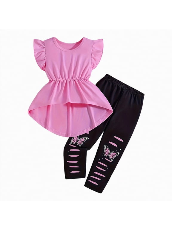 Children Girls Clothes T-Shirt Top + Pants 2pcs Outfit Set Kids Girl Spring Summer Clothing Size 3T 4T 5T 6T Little Girls School Clothing Set(D01-Pink,5-6 Years)