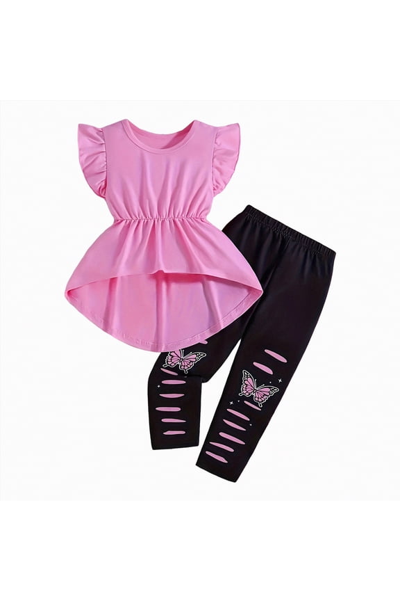 Children Girls Clothes T-Shirt Top + Pants 2pcs Outfit Set Kids Girl Spring Summer Clothing Size 3T 4T 5T 6T Little Girls School Clothing Set(D01-Pink,5-6 Years)