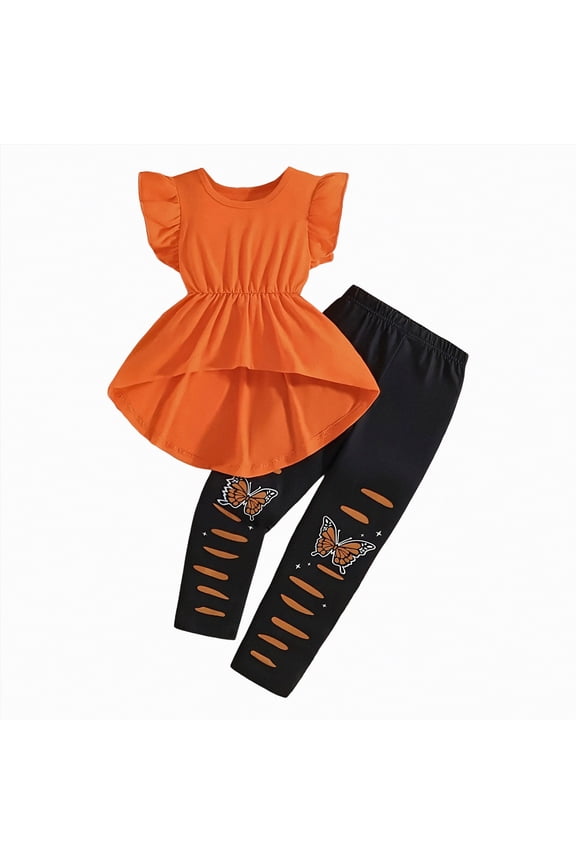 Children Girls Clothes T-Shirt Top + Pants 2pcs Outfit Set Kids Girl Spring Summer Clothing Size 3T 4T 5T 6T Little Girls School Clothing Set(D01-Orange,5-6 Years)