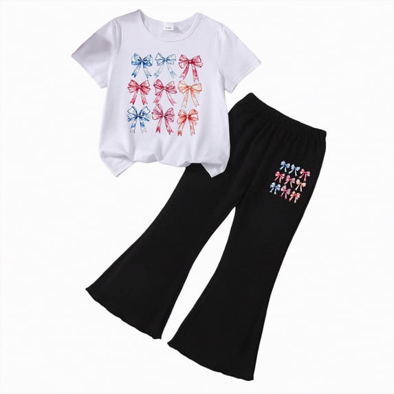HCNTES Children Girls' Clothing Sets Kids Girls Fashion Short Sleeve Crew Neck Tops Wide Leg Pants Sweatsuit Little Girls Summer School Clothing Set(H03-M,5-6 Years)