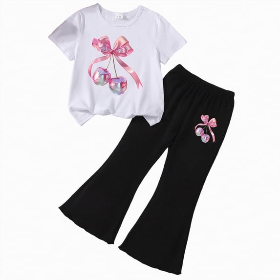 HCNTES Children Girls Summer Clothes Set Short Sleeve Tee Elastic Pants Little Girl School Outfit Set 4T 5T 6T 7T 8T(F02-I,5-6 Years)
