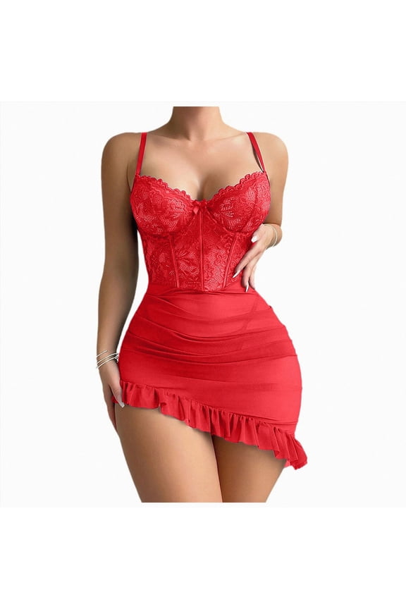 Corset Bodycon Ruffle Sheer Underwire Mesh Lace Floral Outfits Babydoll Lingerie Set Dress with Thong 2 Piece (Red,L)