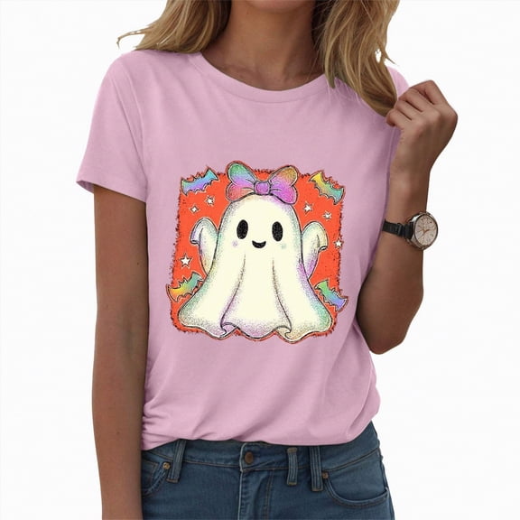 HCNTES Cute Ghost Pumpkin Graphic Shirt for Women Vintage Halloween Tshirt Graphic Shirts Funny Retro Short Sleeve Tops(M,A318-Pink)