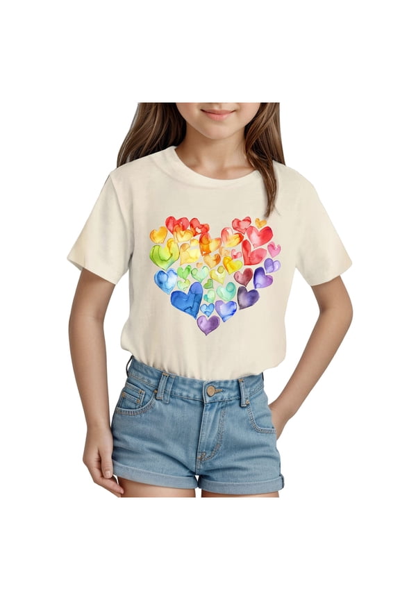 Cute Shirts for Girls Short Sleeve Graphic Tees Crewneck Cartoon Casual Cotton T-Shirt Kids Summer Tops Clothes,18-24 Months Beige