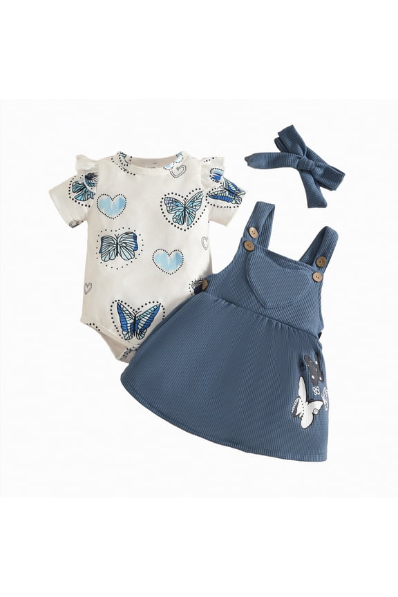 Cutey Baby Girl Clothes Infant Spring Summer Outfits Set Ruffle Sleeve Romper and Shorts Outfits Set for Kids Girls(Navy,0-3 Months)