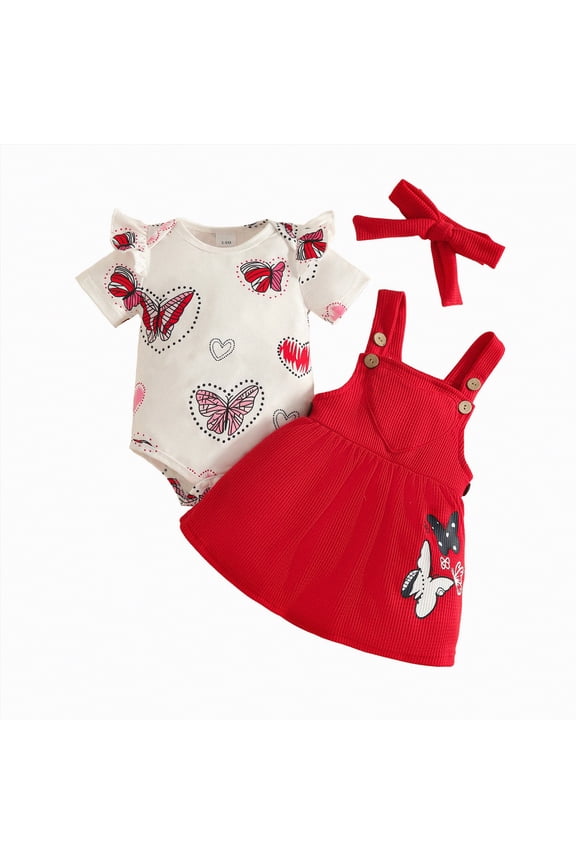 Cutey Baby Girl Clothes Infant Spring Summer Outfits Set Ruffle Sleeve Romper and Shorts Outfits Set for Kids Girls(Red,9-12 Months)