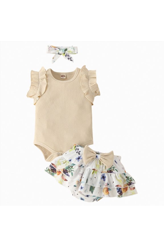 Cutey Baby Girl Clothes Infant Summer Outfits Set Ruffle Sleeve Romper and Floral Shorts with Headband