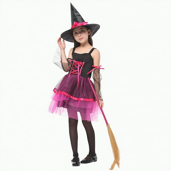 HCNTES Dressy Witch Halloween Dress Up Party Outfit with Hat for Toddler Girls(Hot Pink#2,6-7 Years)