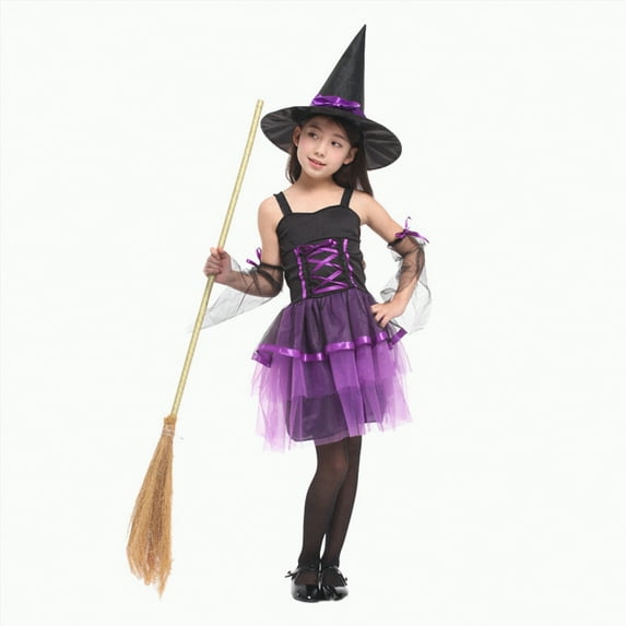 HCNTES Dressy Witch Halloween Dress Up Party Outfit with Hat for Toddler Girls(Purple#4,5-6 Years)