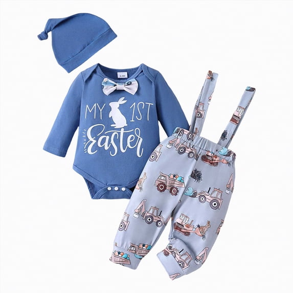 HCNTES Newborn Baby Boy Easter Outfits Soft Cotton Bodysuit and Suspender Pants Set Baby Boy Easter Clothes
