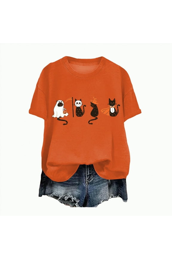 Fall Shirts for Women Halloween Pumpkin Graphic Tees Thanksgiving Family Turkey Tops Cute Autumn Thankful T-Shirt(L,A474-Orange)