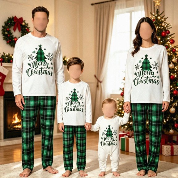 HCNTES Family Matching Christmas Pajamas Set, Long Sleeve Christmas Tree Letter Print T shirt Tops Green Plaid Pants Holiday Sleepwear Outfits For Dad