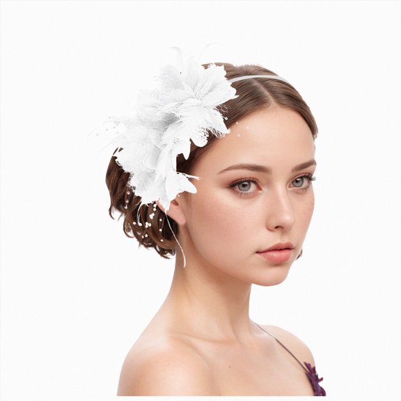 HCNTES Fascinator Hat Flower Feather Mesh Veil Wedding Tea Party Cocktail Hat Headwear for Women Lady Girls White-1