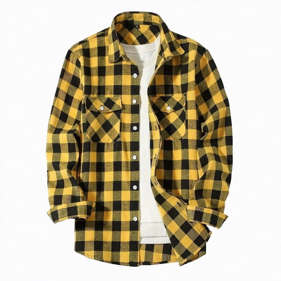 HCNTES Flannel Shirt for Men Long Sleeve Vintage Buttons Down Plaid Shirt with Chest Pocket(Z01-Yellow,2XL)