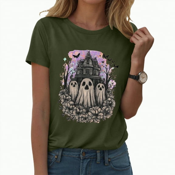 HCNTES Ghost Halloween T-Shirt for Women Cute Ghost Cat Graphic Tee Spooky Season Shirt Vintage Short Sleeve Casual Fall Tops(S,A138-AG)