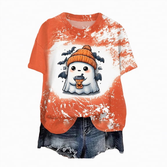 HCNTES Ghost Printed Shirt for Women Halloween Short Sleeve Tshirt Cute Witch Hat Graphic Fall Tee Tops Casual Loose Fit Shirts Tee(XL,A519-Orange)