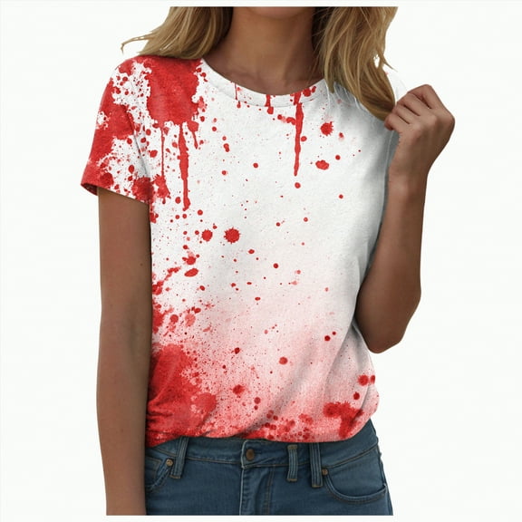 HCNTES Ghost Printed Shirt for Women Halloween Short Sleeve Tshirt Cute Witch Hat Graphic Fall Tee Tops Casual Loose Fit Shirts Tee(XXL,A15-Red)