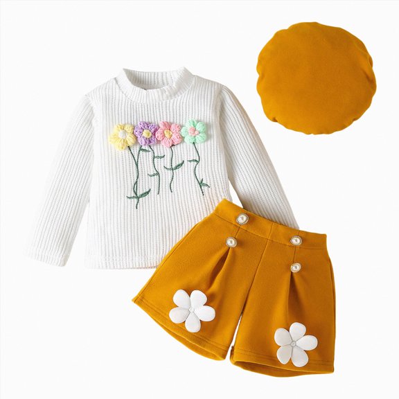 HCNTES Girl 3D Stereo Flower Baby Children Long Sleeve Plus Velvet Shorts Hat Set(6-12 Months,Yellow#j4)