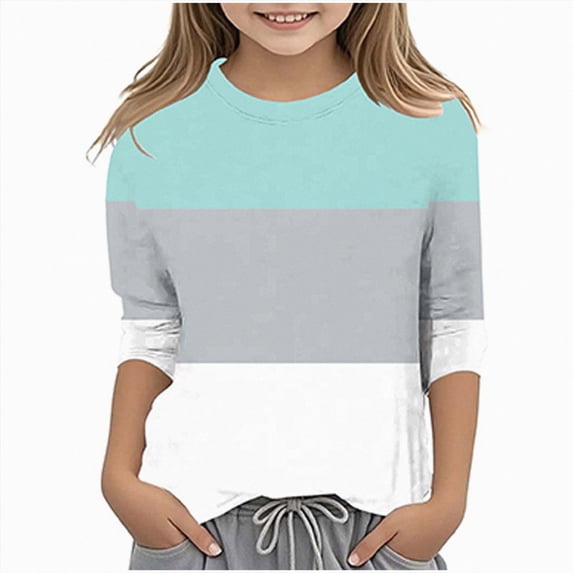 HCNTES Girl Casual Round Neck Three Quarter Sleeve T Shirt Regular Basic 3/4 Sleeve Top(Style9,6-7 Years)