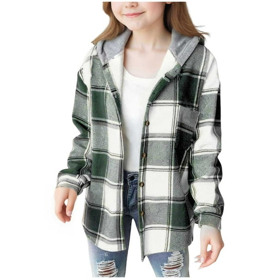 HCNTES Girl Fall Jacket Plaid Lined Flannel Shirts Button Down Hooded Shirt Kids Casual Holiday Jackets 4 15 Years,Sizes 14-15 Years