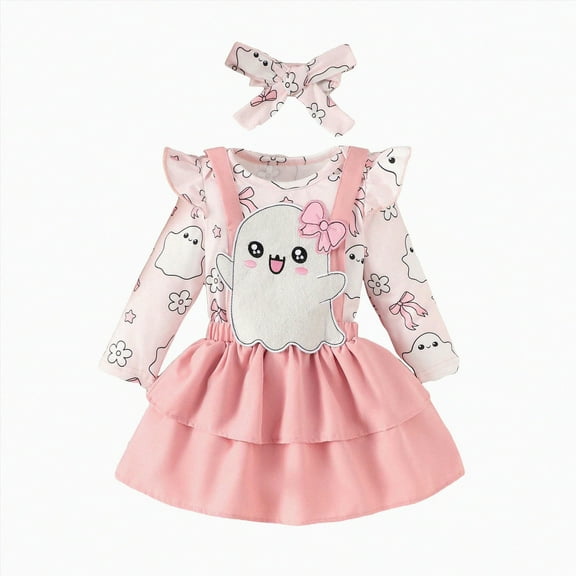 HCNTES Girl and Baby Halloween Cartoon Pumpkin Printed Long Sleeve Ha Clothes Strap Skirt Set(Red,6-12 Months)