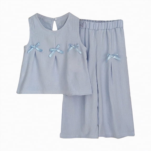 HCNTES Girl's 2 Piece Striped Outfits Bow Knot Ruffle Peplum Tank Top and Wide Leg Pants Set(Light Blue,2-3 Years)