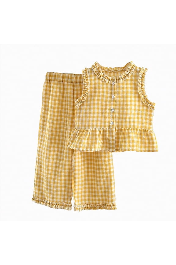 Girl's 2 Piece Striped Outfits Bow Knot Ruffle Peplum Tank Top and Wide Leg Pants Set(Yellow,2-3 Years)