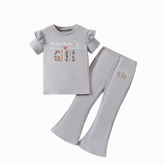 HCNTES Girl's 2 Piece Summer Outfits Print Tees and Wide Leg Cargo Pants Set Kids Girl School Suit 3T 4T 5T 6T 7T 8T 9T(D01-Grey,4-5 Years)