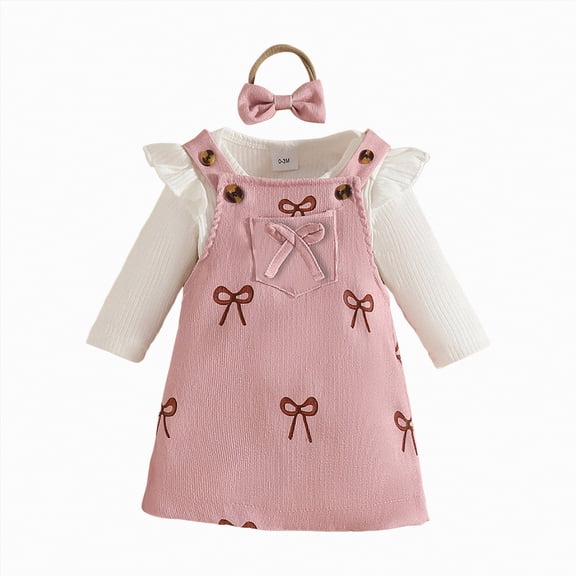 HCNTES Girl's Outfits Crew Neck Long Sleeve Rib Knitted Tee Top and Overall Skirt Set(Pink&2,3-6 Months)