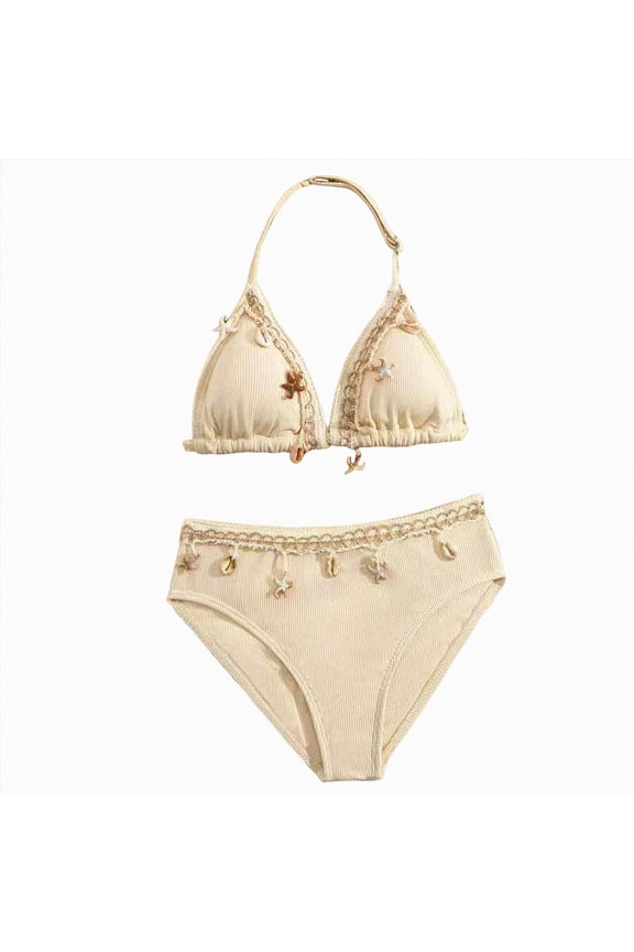 Girl's Swimsuits 2 Piece Halter Triangle Bathing Suits Seashell Boho Bikini Set Swimwear (Beige,11-12 Y)