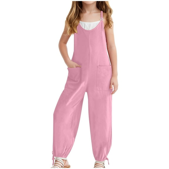 HCNTES Girl's V Neck Sleeveless Jumpsuits: Spaghetti Straps Harem Long Pants Rompers with Pockets, for a Comfortable Fit 5-6 Years Pink