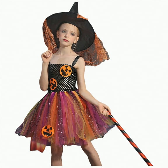 HCNTES Girl's the Glamour Witch Dress Halloween (Orange#10,7-8 Years)