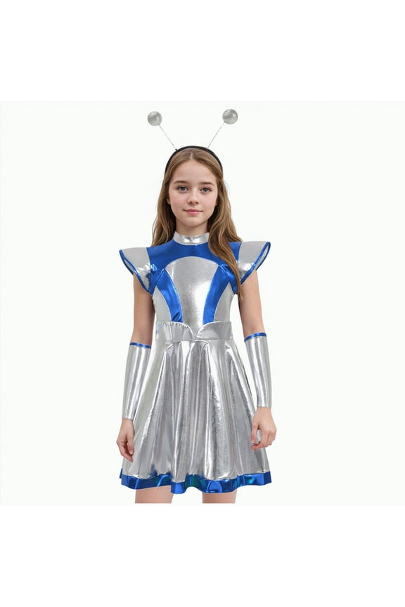 Girls Alien Halloween Space Man Dress Up Metallic Dress With Arm Sleeves Alien Hair Hoop Set(4-5 Years,S28-Blue)