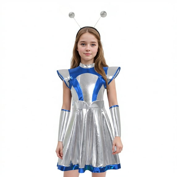 HCNTES Girls Alien Halloween Space Man Dress Up Metallic Dress With Arm Sleeves Alien Hair Hoop Set(7-8 Years,S28-Blue)