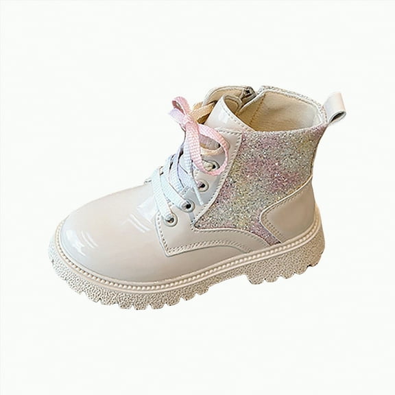 HCNTES Girls Boots Glitter Combat Boot Winter Side Zipper Lace-up Walking Shoes(10.5,White#i3)