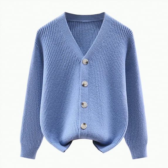 HCNTES Girls' Cardigan with Button Loose Long Sleeve Shrug Sweaters Cropped Uniforms Kids Knit Sweater Outerwear(4-5 Years,Blue#&1)