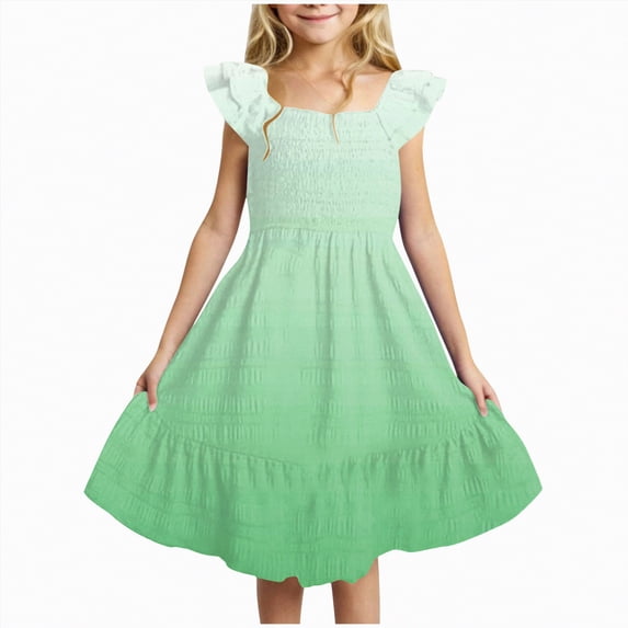HCNTES Girls Casual Dresses Sweet Pink and White Ombre Smocked Ruffle Sleeve Dress for Summer