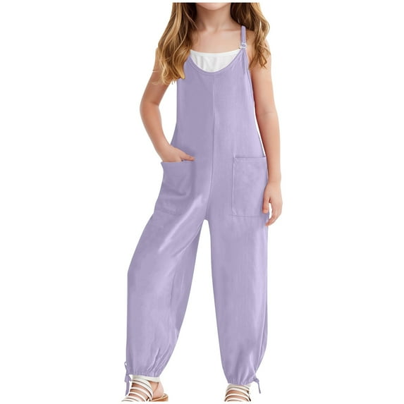 HCNTES Girls Casual Jumpsuits: Sleeveless Loose Spaghetti Strap Summer Rompers with Long Pants and Pockets, Suitable for All Ages 13-14 Years Purple
