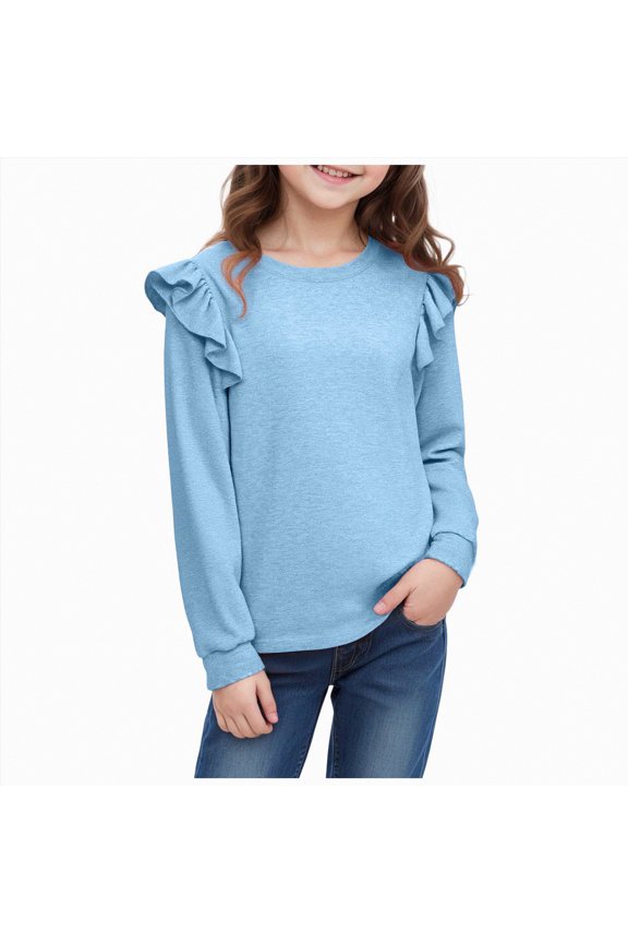 Girls Casual Tunic Tops Knot Front Long Sleeve Loose Soft Blouse T-Shirt(Light Blue,3-4 Years)