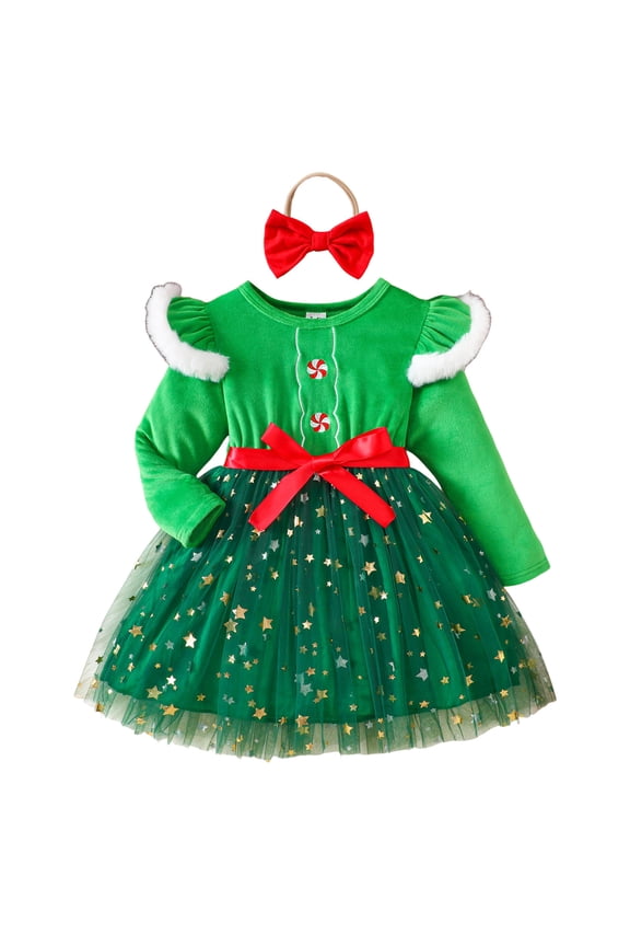 Girls Christmas Dress Long Sleeved Bow Mesh Dress Headband Two Piece Set(5-6 Years,R52-Green)