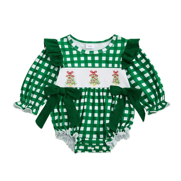 HCNTES Girls Christmas Long Sleeved Checkered Bow Bodysuit Cute Christmas Tree Embroidery Bodysuit(R38-Green,0-3 Months)