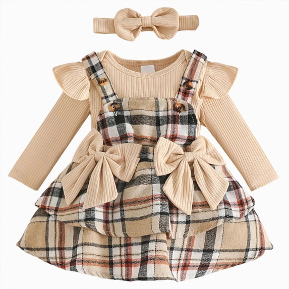 HCNTES Girls Clothes Baby Girl Matching Outfit Sets 3 6 9 12 Months Newborn Long Sleeve Romper Bodysuit Dress Headband 3PCS Toddler Fall Winter Vintage Clothing