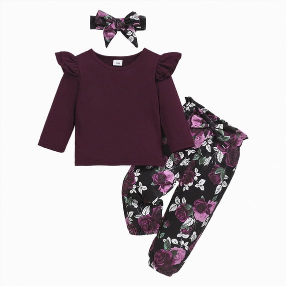 HCNTES Girls Clothes Baby Toddler Girl Clothes 3 6 9 12 18 24 Months 2T 3T Fall Outfits Solid Long Sleeve Solid Sweatshirt Tops + Floral Pants + Headband Set