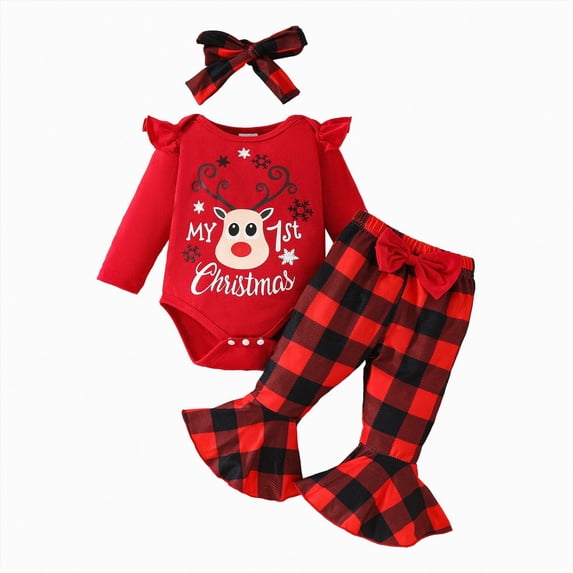 HCNTES Girls Clothes My First Christmas Baby Girl Outfit Elk Print Long Sleeves Romper Flared Pants Sets Infant Baby Girl Christmas Outfits